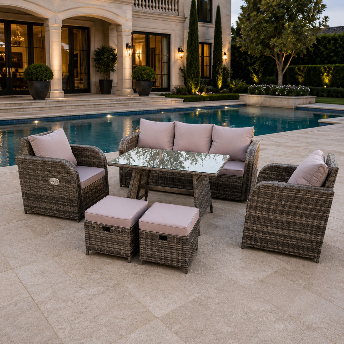 Dark Grey Mix Rattan Garden Furniture Sets Reclining Chair Table Footstool