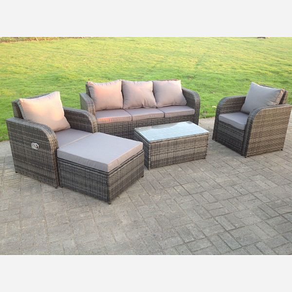 6 Seater Grey Reclining Rattan Sofa Set Coffee Table Footstool Garden Furniture Set Outdoor