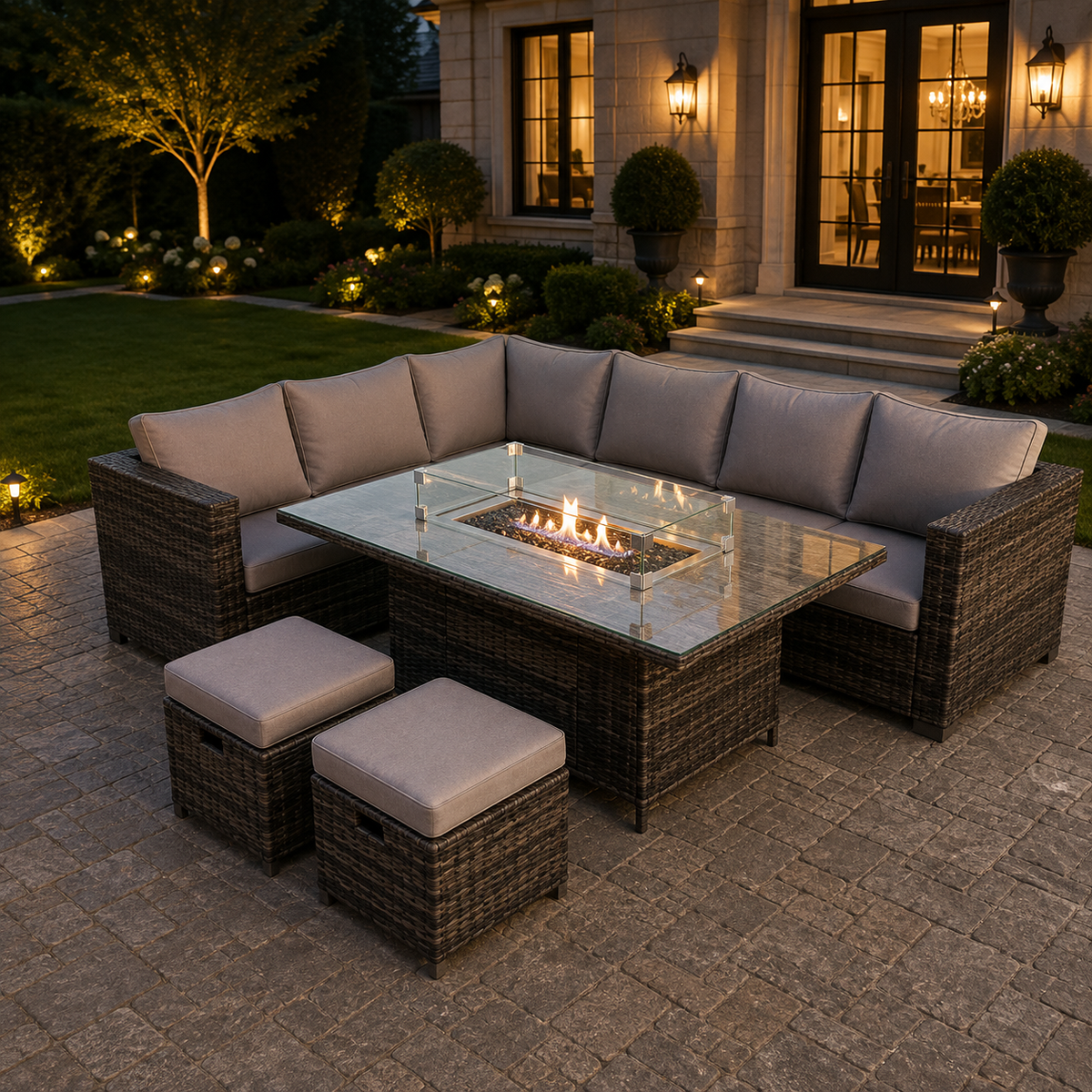 8 seater Outdoor Rattan Garden Left Corner Furniture Gas Fire Pit Table Sets Gas Heater Lounge Small Footstools Dark Grey Outdoor Rattan Garden Left Corner Furniture Gas Fire Pit Table Sets Gas Heater Lounge Small Footstools Dark Grey