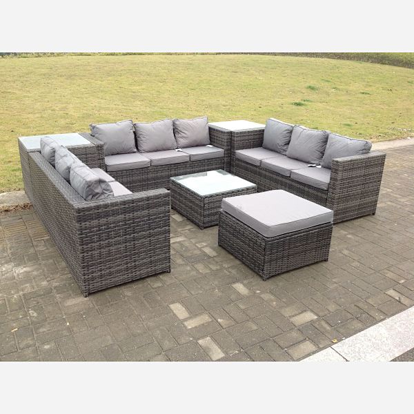 10 Seater Outdoor Lounge Sofa Garden furniture Rattan Sofa Set with Table Set Grey