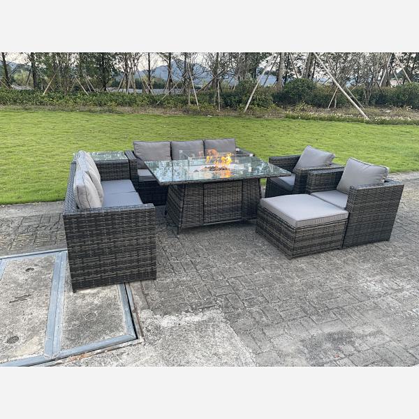 Oudoor Rattan Garden Furniture Gas Fire Pit Table Sets Lounge Chairs Dark Grey