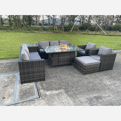 Oudoor Rattan Garden Furniture Gas Fire Pit Table Sets Lounge Chairs Dark Grey
