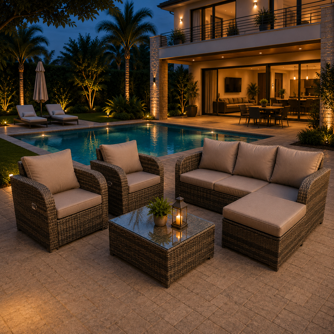 6 Seater Rattan Reclining Sofa Coffee Table Set