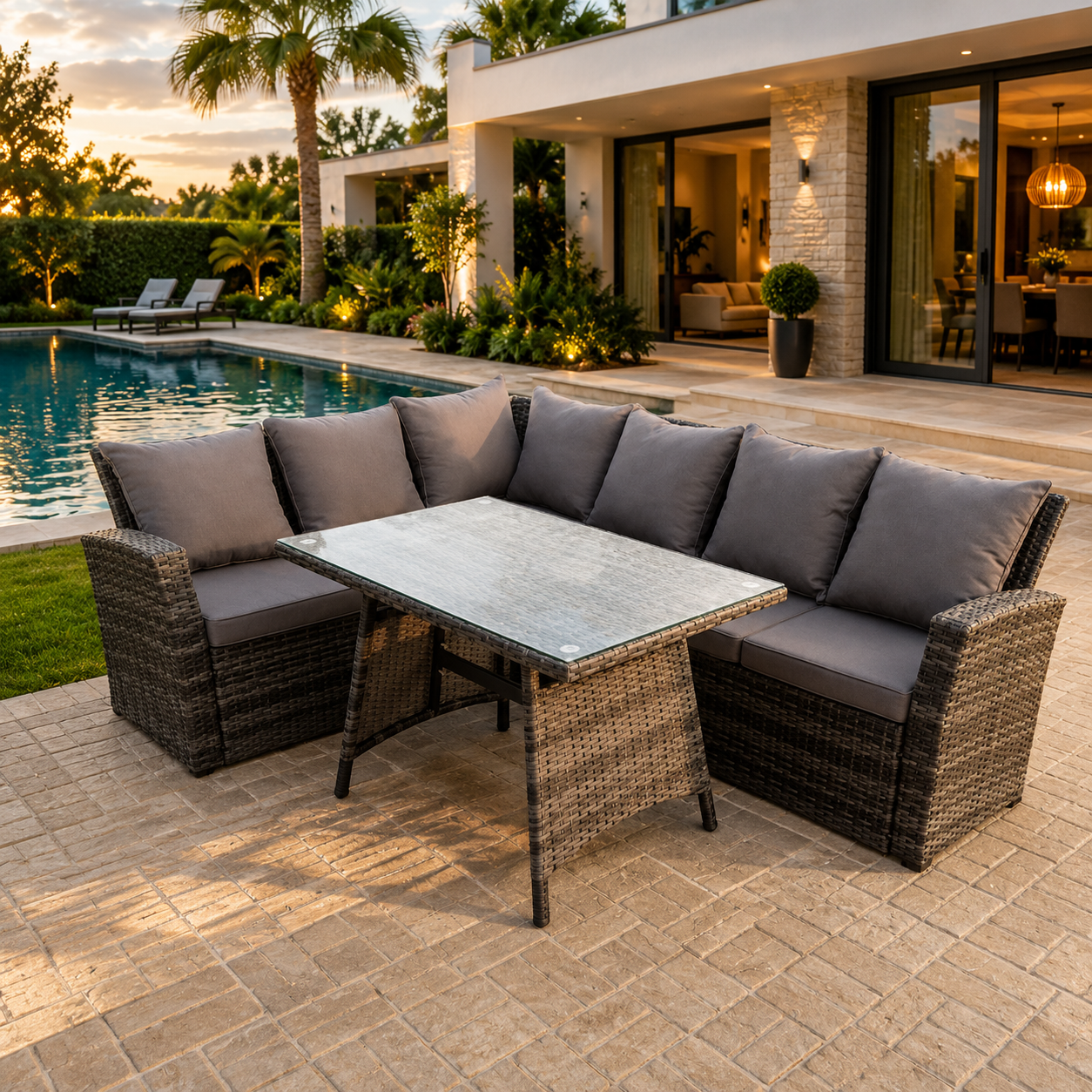 (left L shape) high back rattan dining table corner sofa grey