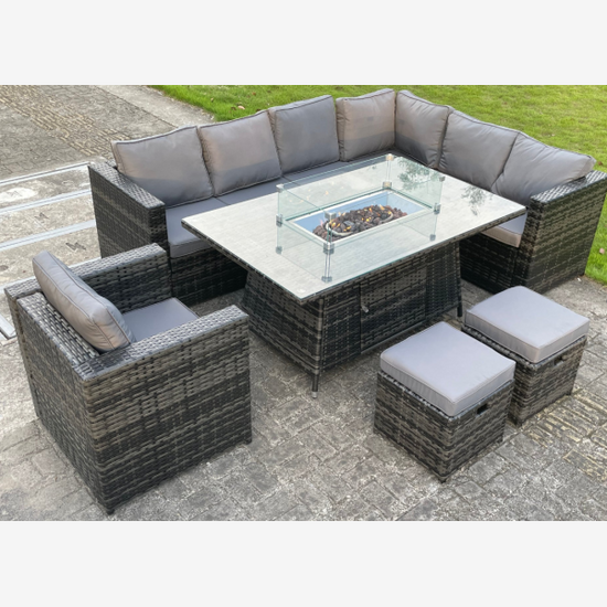 9 Seater Outdoor Rattan Garden Furniture Gas Fire Pit Table Sets Gas Heater Lounge Small Footstools Chair Dark Grey Mixe 2 Option
