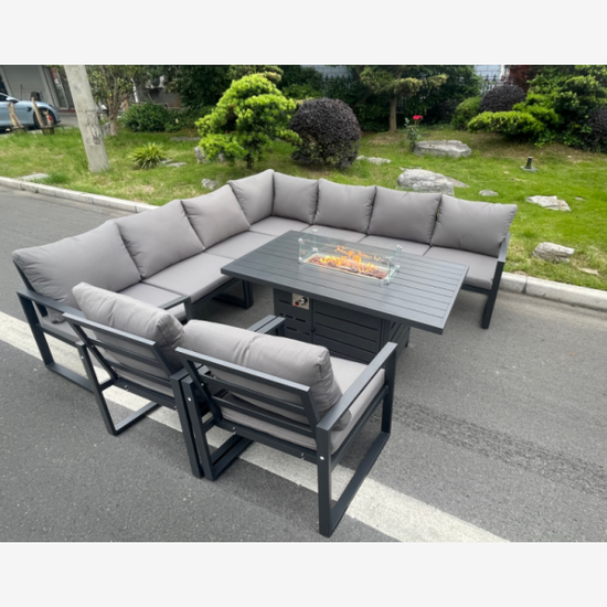 Fimous Aluminum Outdoor Garden Furniture Corner Sofa 2 PC Chairs Gas Fire Pit Dining Table Sets Gas Heater Burner Dark Grey 9 Seater