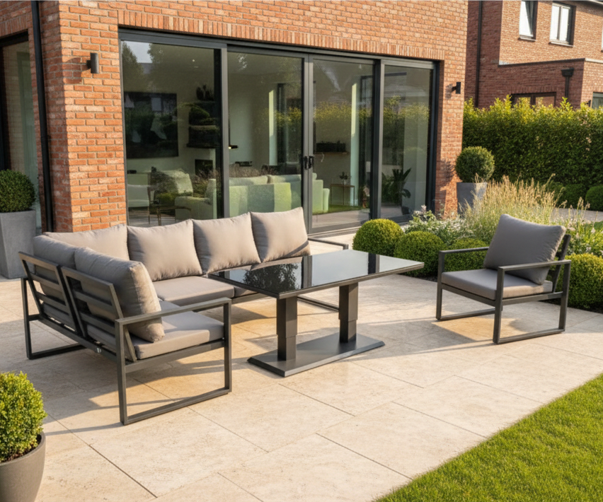 Aluminum Outdoor Garden Furniture Corner Sofa Chair Adjustable Rising Lifting Dining Table Sets Dark Grey Black Tempered Glass 7 Seater