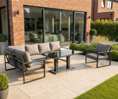 Aluminum Outdoor Garden Furniture Corner Sofa Chair Adjustable Rising Lifting Dining Table Sets Dark Grey Black Tempered Glass 7 Seater