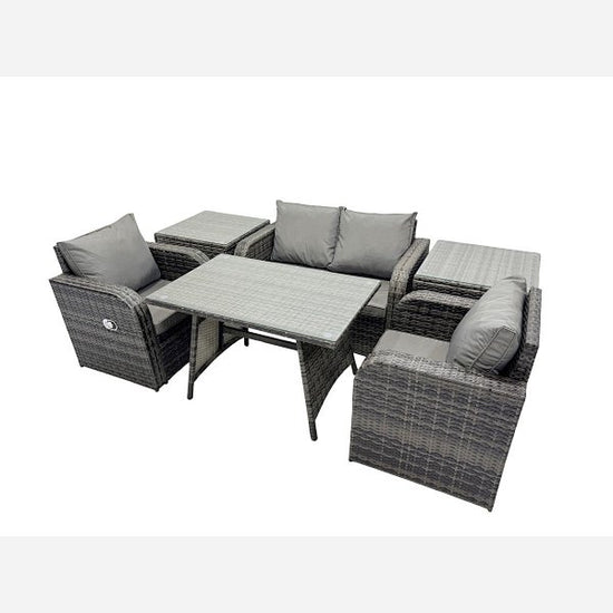 Fimous Outdoor Garden Furniture Set Rattan Sofa Dining Table Set with Reclining Chair 2 Side Tables Dark Grey Mixed