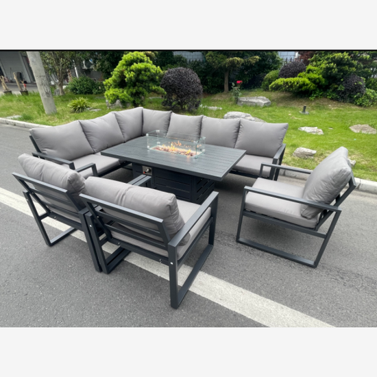 Fimous Aluminum Outdoor Garden Furniture Set Corner Sofa 3 PC Chairs Gas Fire Pit Dining Table Set Gas Heater Burner Dark Grey 8 Seater