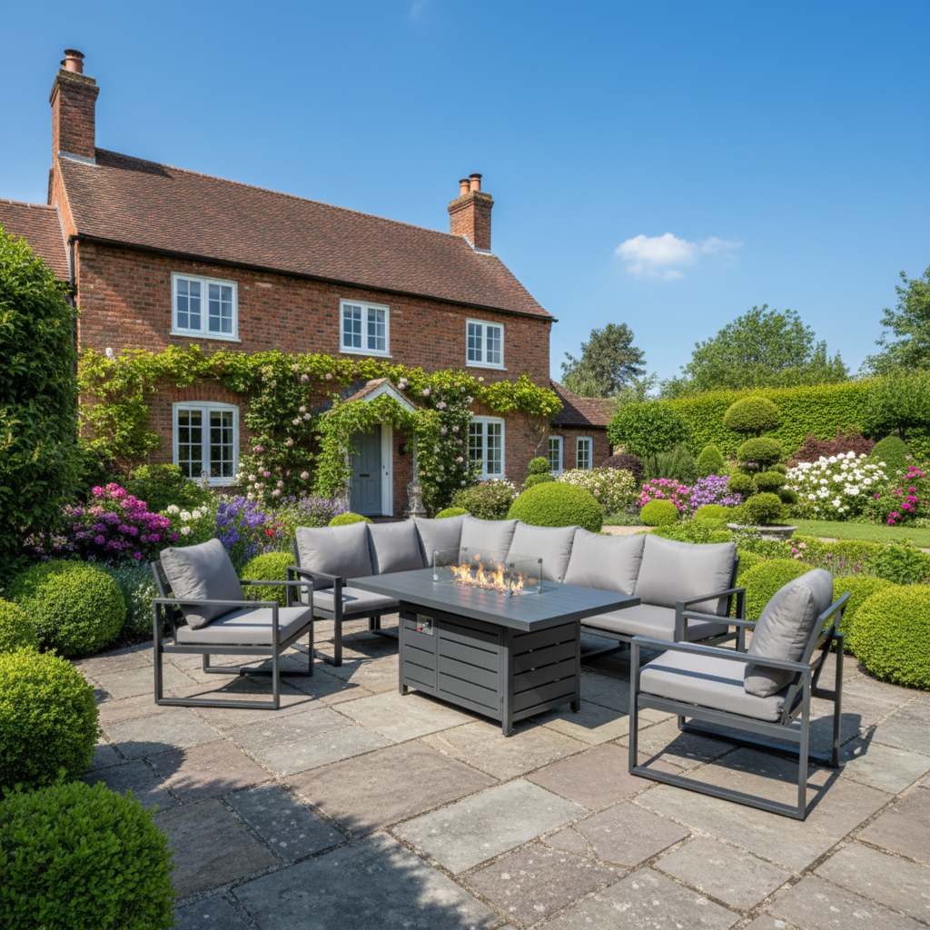 Aluminum Outdoor Garden Furniture Set Corner Sofa 3 PC Chairs Gas Fire Pit Dining Table Set Gas Heater Burner Dark Grey 8 Seater