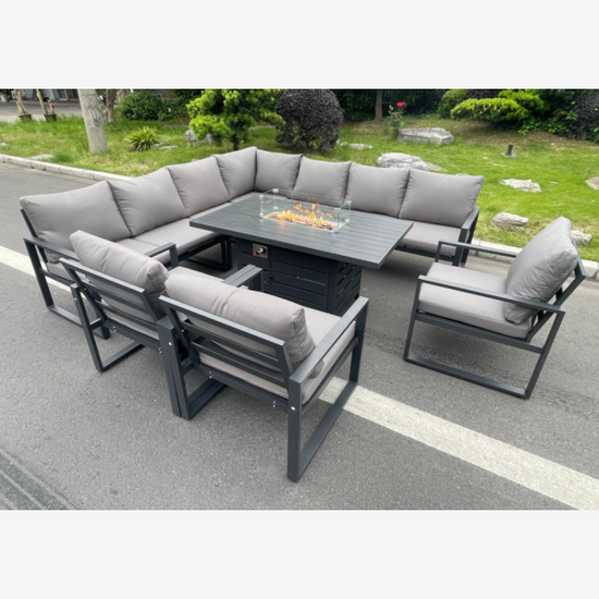 Fimous Aluminum Outdoor Garden Furniture Corner Sofa 3 PC Chairs Gas Fire Pit Dining Table Sets Gas Heater Burner Dark Grey 10 Seater