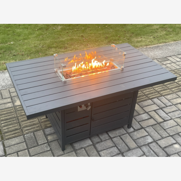 Aluminium Outdoor Garden Furniture Set Gas Fire Pit Dining Table Set Gas Heater Burner with 3 Footstools Dark Grey 7 Seater