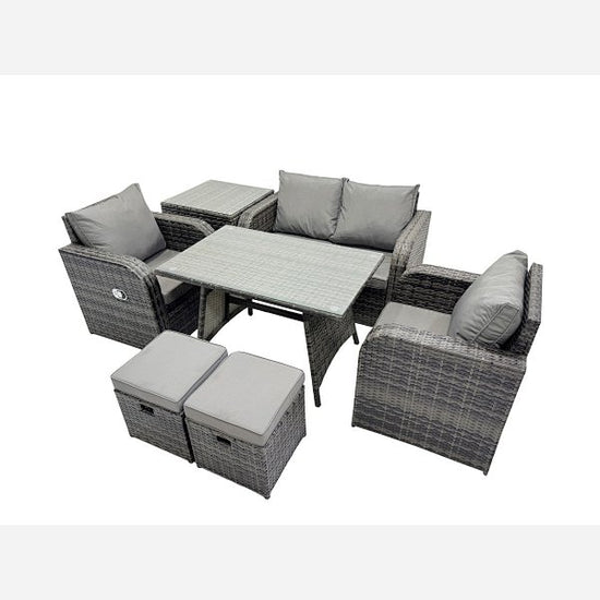 Fimous Outdoor Garden Furniture Set Rattan Sofa Dining Table Set with Reclining Chair Side Table 2 Small Footstool Dark Grey Mixed