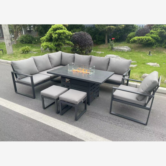 Fimous Aluminum Outdoor Garden Furniture Set Corner Sofa Chair Gas Fire Pit Dining Table Set 2 PC Stools Gas Heater Burner Dark Grey 9 Seater