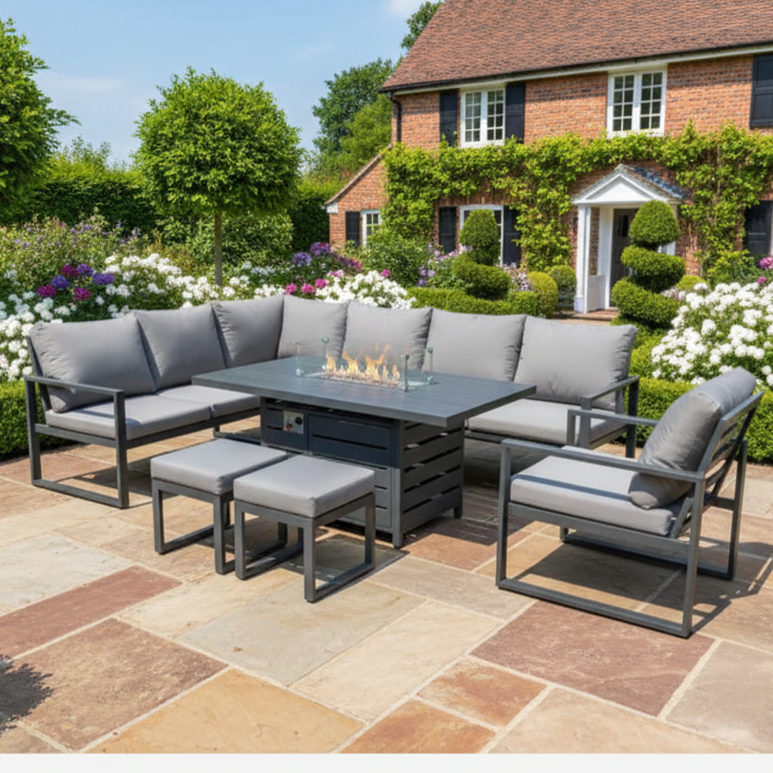 Aluminum Outdoor Garden Furniture Set Corner Sofa Chair Gas Fire Pit Dining Table Set 2 PC Stools Gas Heater Burner Dark Grey 9 Seater