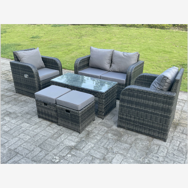 Dark Mixed Grey Rattan Outdoor Garden Furniture Oblong Coffee Table Sets Love Sofa Recling Chairs Small Footstools 6 Seater