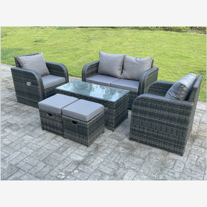 Dark Mixed Grey Rattan Outdoor Garden Furniture Oblong Coffee Table Sets Love Sofa Recling Chairs Small Footstools 6 Seater