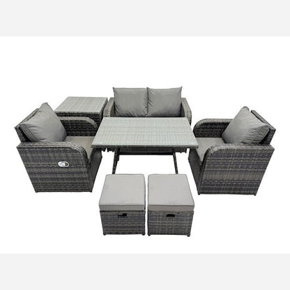 Outdoor Garden Furniture Set Rattan Sofa Dining Table Set with Reclining Chair Side Table 2 Small Footstool Dark Grey Mixed