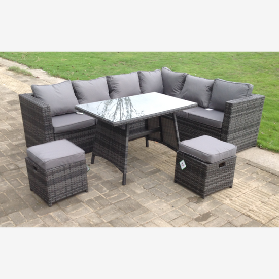 Fimous Dark Mixed Grey Rattan Garden Outdoor Corner Sofa Set Rectangular Dining Table Small Footstools 8 Seater