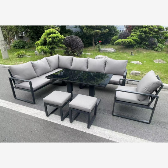 Fimous Aluminum Outdoor Garden Furniture Corner Sofa Chair Footstools Adjustable Rising Lifting Dining Table Sets Dark Grey Black Tempered Glass 9 Seater