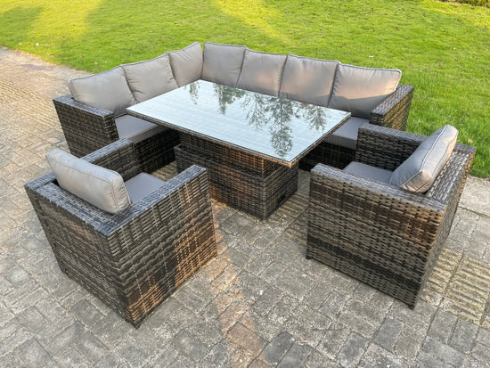 8 Seater Rattan Garden Furniture Set Rising Adjustable Uplift Dining Table 2 Option