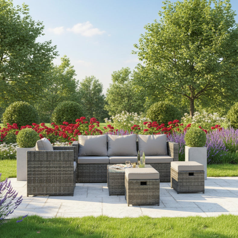 5 PCS Outdoor Lounge Sofa Set Wicker PE Rattan Garden Furniture Set with Armchair Square Coffee Table 2 Small Footstools Dark Grey Mixed