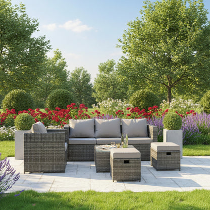 5 PCS Outdoor Lounge Sofa Set Wicker PE Rattan Garden Furniture Set with Armchair Square Coffee Table 2 Small Footstools Dark Grey Mixed