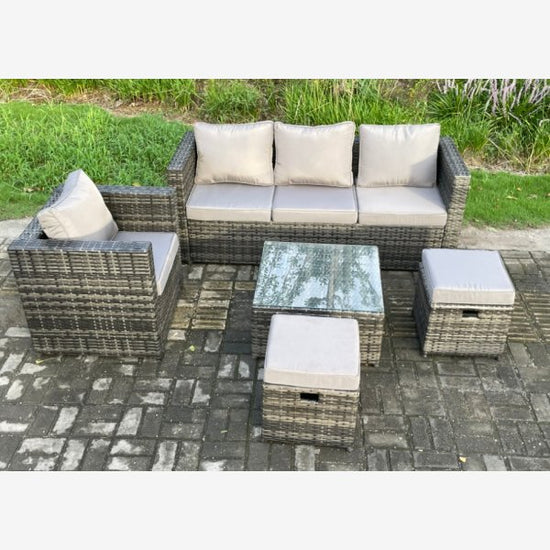 Fimous 5 PCS Outdoor Lounge Sofa Set Wicker PE Rattan Garden Furniture Set with Armchair Square Coffee Table 2 Small Footstools Dark Grey Mixed