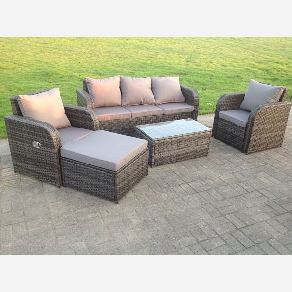 6 Seater Grey Reclining Rattan Sofa Set Coffee Table Footstool Garden Furniture Set Outdoor