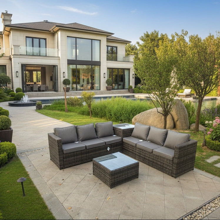 6 Seater Grey Rattan Corner Sofa Set 2 Tables Garden Furniture Outdoor