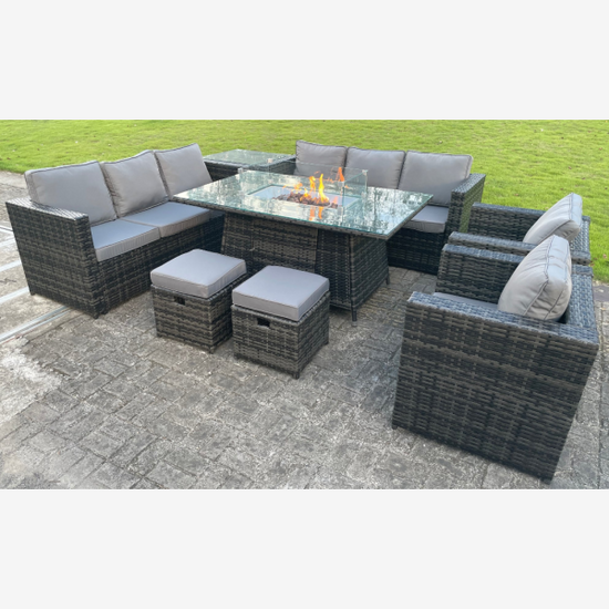 Outdoor Rattan Garden Furniture Gas Fire Pit Table Sets Gas Heater Lounge Chairs Small Footstools Dark Grey 10 seater