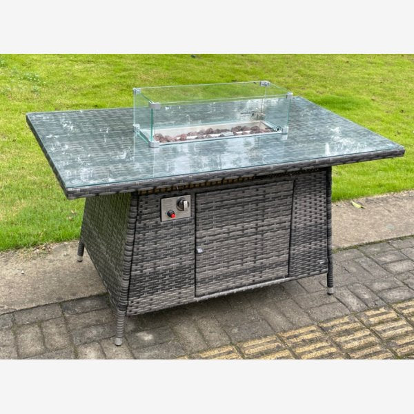 Outdoor Rattan Garden Furniture Set Gas Fire Pit Rectangular Table Sets Gas Heater with 6 Seater Dining Cahirs Dark Grey Mixed