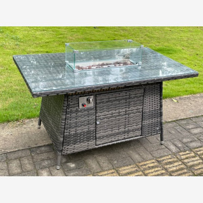 Outdoor Rattan Garden Furniture Set Gas Fire Pit Rectangular Table Sets Gas Heater with 6 Seater Dining Cahirs Dark Grey Mixed