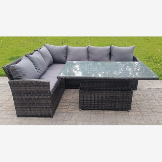 High Back Corner Rattan Garden Furniture 6 seater Sofa Dining Rising Table Height Adjustable