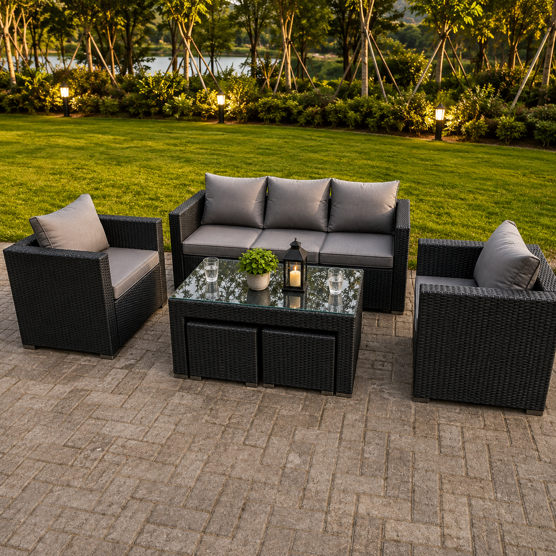 Wicker Rattan Garden Furniture Sofa Sets Outdoor Patio Coffee Table With Stools