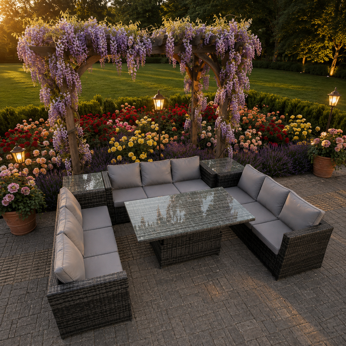 (2 side tables) rattan sofa dining set with adjustable table outdoor furniture dark mixed grey
