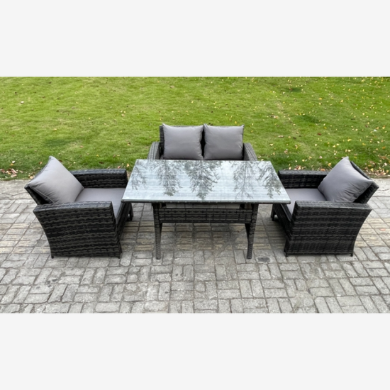 Fimous PE Wicker Outdoor Garden Furniture Set Patio Furniture Rattan Rectangular Dining Table Lounge Sofa Dark Grey Mixed