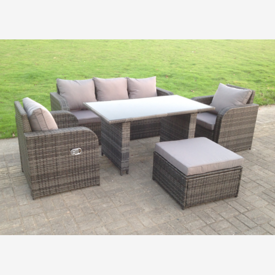 Fimous Rattan Garden Furniture Set Adjustable Chair Sofa Lounge 3 Seater Sofa Rectangular Dining Black Glass Table Footstool