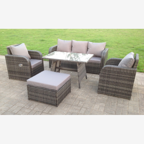 PE Rattan Garden Furniture Set Adjustable Chair Sofa Lounge 3 Seater Sofa Oblong Rectangular Dining Table Footstool