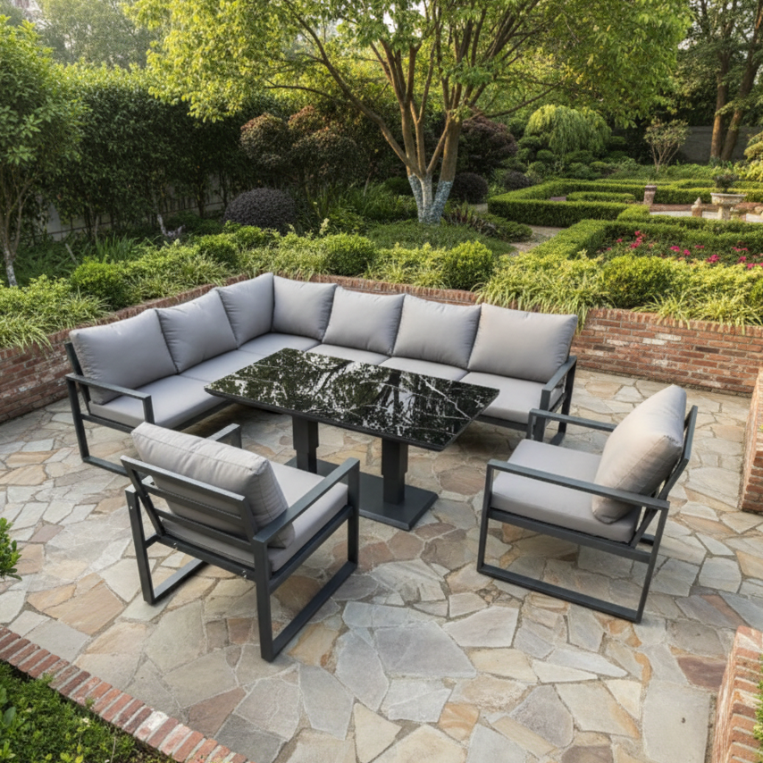 Aluminum Outdoor Garden Furniture Corner Sofa Chair Adjustable Rising Lifting Dining Table Sets Black Tempered Glass Dark Grey 8 Seater