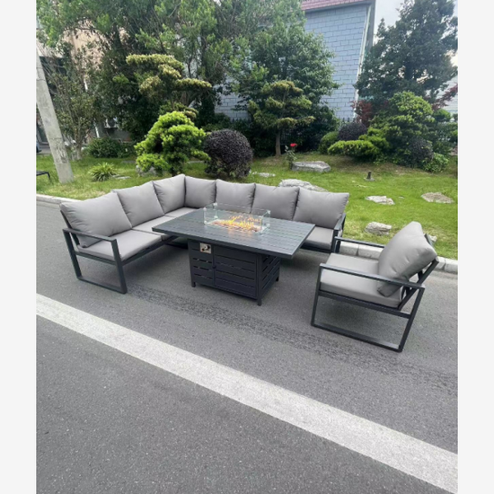 Fimous Aluminum Outdoor Garden Furniture Set Corner Sofa Chair Gas Fire Pit Dining Table Set Gas Heater Burner Dark Grey 7 Seater