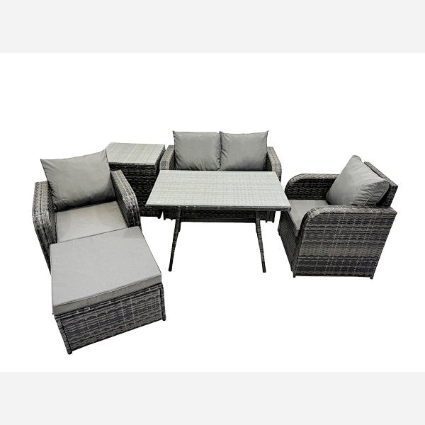 Outdoor Garden Furniture Set Rattan Sofa Dining Table Set with Reclining Chair Side Table Big Footstool Dark Grey Mixed