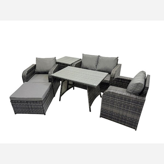 Fimous Outdoor Garden Furniture Set Rattan Sofa Dining Table Set with Reclining Chair Side Table Big Footstool Dark Grey Mixed