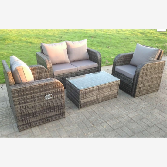 4 Seater Reclining Grey Mixed Rattan Sofa Chair Outdoor Garden Furniture Sets
