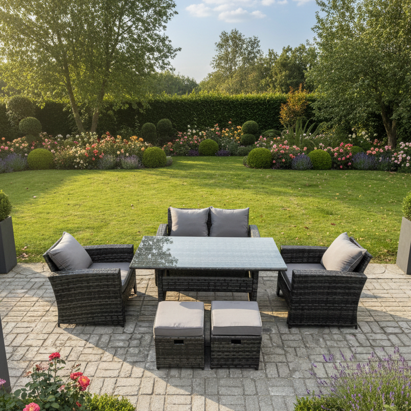 6 Seater PE Wicker Outdoor Garden Furniture Set Patio Furniture Rattan Rectangular Dining Table Lounge Sofa with 2 Small Footstools