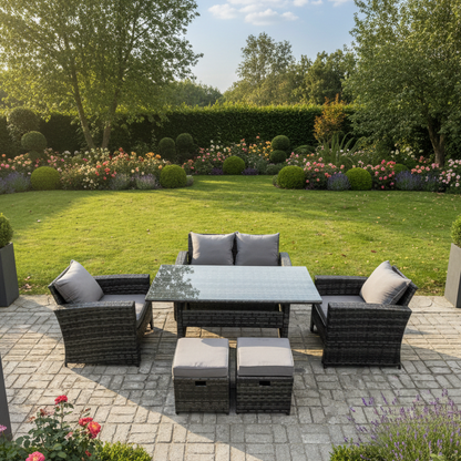 6 Seater PE Wicker Outdoor Garden Furniture Set Patio Furniture Rattan Rectangular Dining Table Lounge Sofa with 2 Small Footstools