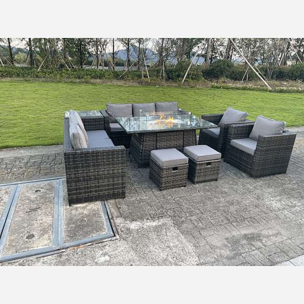 Outdoor Rattan Garden Furniture Gas Fire Pit Table Sets Gas Heater Lounge Chairs Small Footstools Dark Grey 10 seater