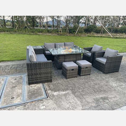 Outdoor Rattan Garden Furniture Gas Fire Pit Table Sets Gas Heater Lounge Chairs Small Footstools Dark Grey 10 seater