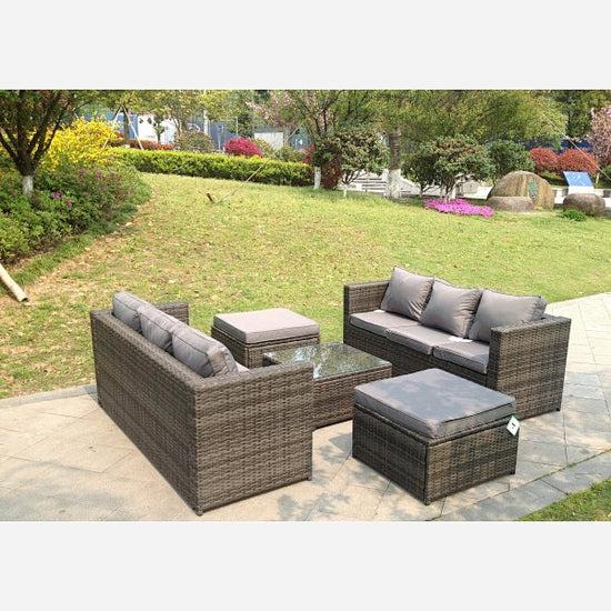 8 Seater Grey Rattan Sofa Set Square Coffee Table Footstool Outdoor Furniture